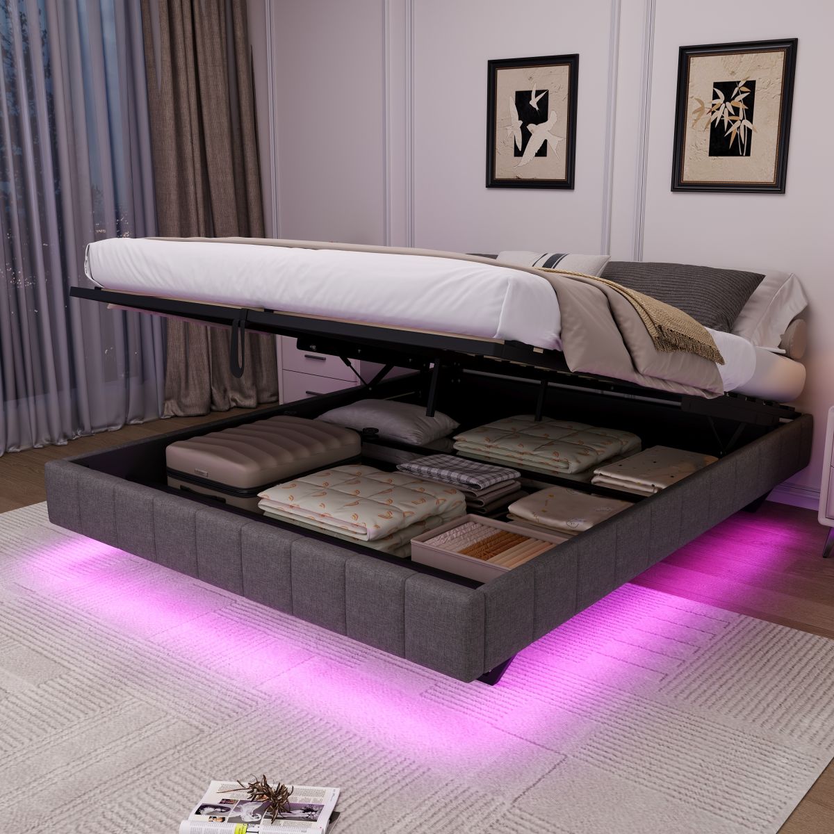 4ft6 Double Floating Bed Frame With Hydraulic Under-bed Storage & Smart RGB LED Lights, No Headboard Upholstered Bed With Concealed Anti-Collision Leg, Linen Fabric, Grey  No Mattress