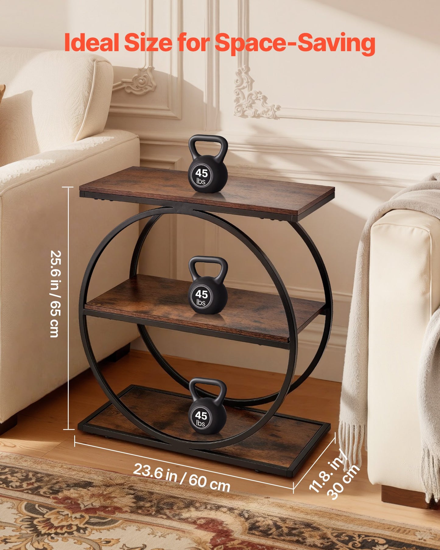 End Table, 3-Tier Narrow Side Table With Open Storage Shelves, Modern Nightstand Bedside Desk With Round Metal Frame, Wood Sofa Coffee Desk For Living Room, Bedroom, Office, Rustic Brown