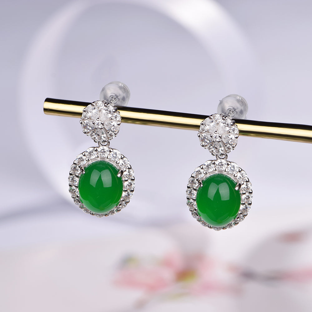 S925 Sterling Silver Dangle Earrings, 8x10mm Oval Green Chrysoprase, Platinum Plated Halo Drop Earrings For Women, Elegant Jewelry Gift Box Set