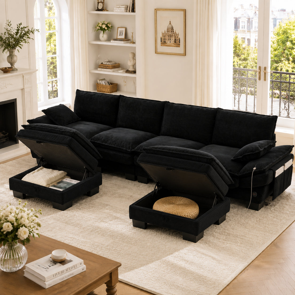 Modular 4-seater Corduroy Sofa  With 2 Stools Wide Seat, Ergonomic Design, High-density Foam Padding, USB-C Port And Side Pockets.Ideal For Living Room, Office Or Lounge.Black