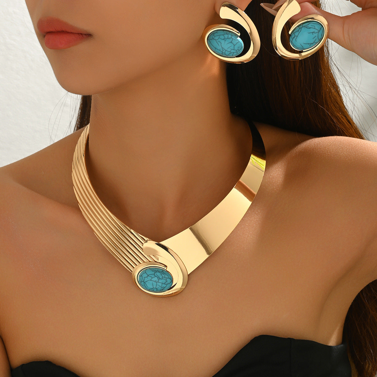 2026 New Arrival Cross-Border European American Jewelry For Women, Geometric Gemstone Inlaid Exaggerated Necklace & Matching Earrings, Versatile Fashion Ear Neck Jewelry Set