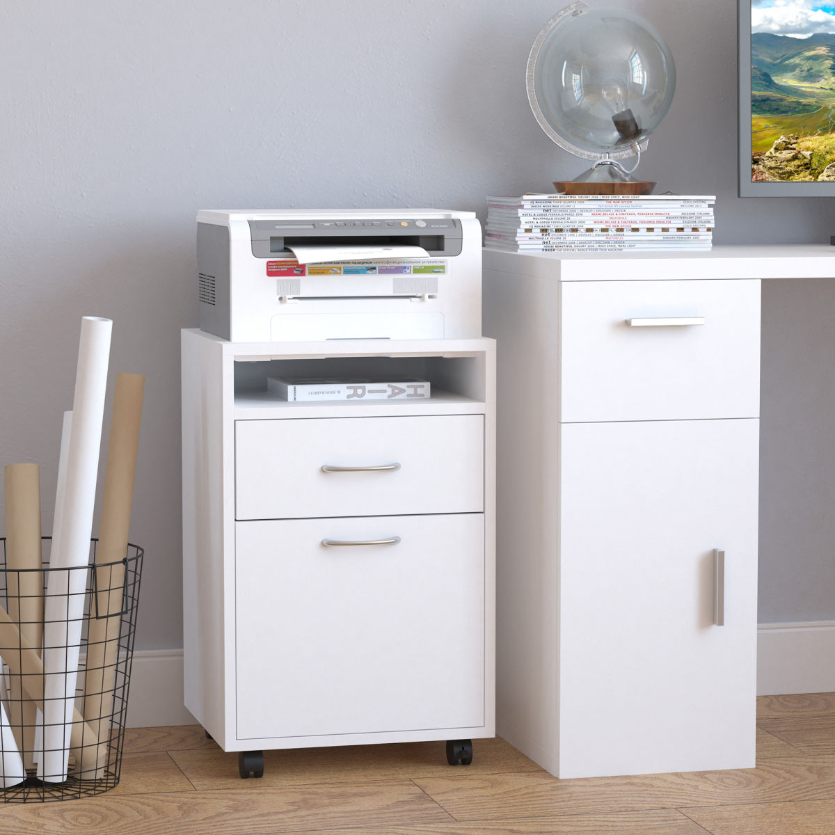 Mobile Storage Cabinet Organizer with Drawer and Cabinet, Printer Stand with Castors, White