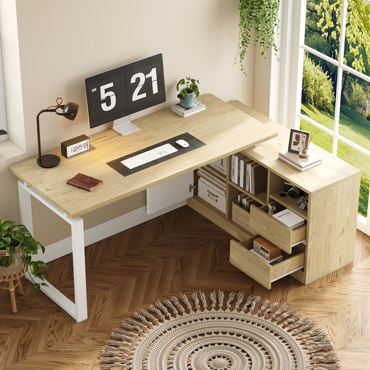 L-shaped Desk, Office Table, With 2 Drawers, 3 Open Shelves, 1 Closed Cabinet, Adjustable Shelves, Natural Wood Color  White.