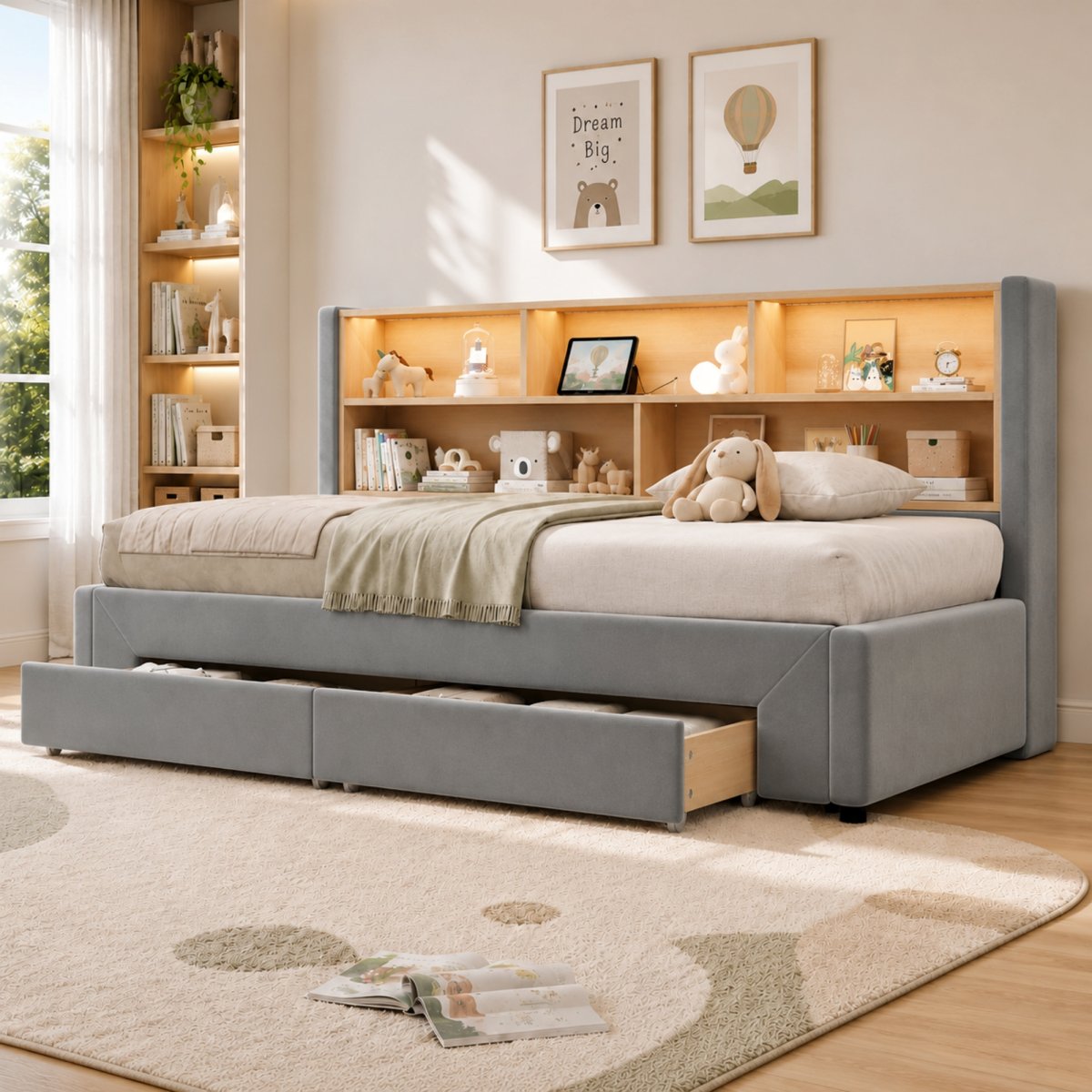 3FT Single Extendable Sofa Bed Frame 90 X 190 Cm, Convertible Pull-Out Guest Bed Extends To 180 Cm,  Daybed With LED Storage And Charging Headboard & 2 Underbed Drawers, Grey, Velvet
