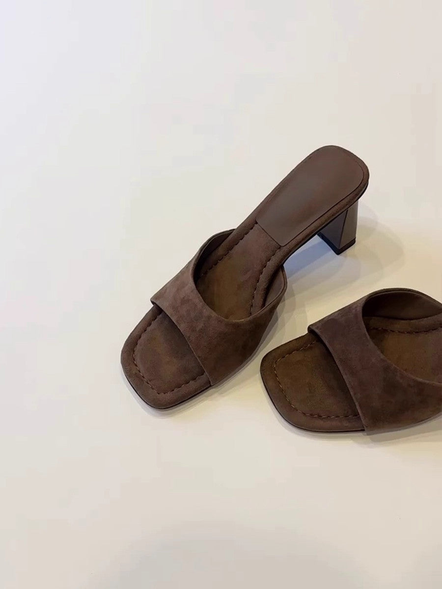 Elevated Version French Open Square Toe High Heel Slides For Women, Simple Slip-On Block Heel All-Match One-Strap Summer Outdoor Sandals