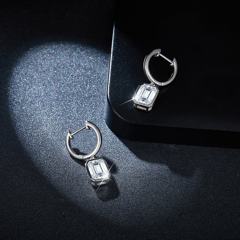 S925 Sterling Silver Emerald Cut Moissanite Dangle Earrings  6x8mm Huggie Hoop Drop Earrings Platinum Plated Jewelry Gift Box Set