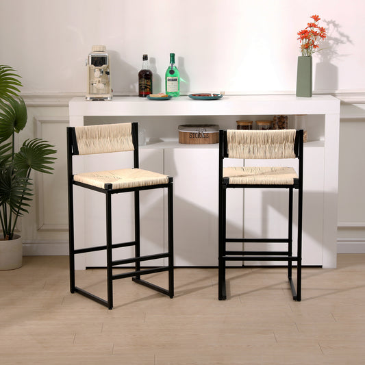 Creamy White Paper Rope Woven Bar Stools Set Of 2 Hand Weave Counter Stool With Footrest For Kitchen Island, Dining Room  Creamy White