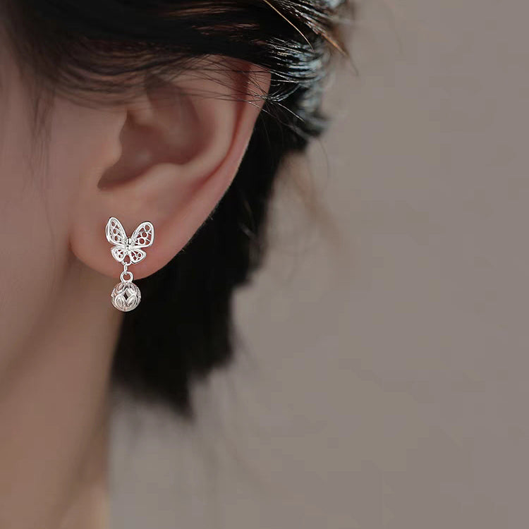 1 Pair 999 Sterling Silver Filigree Hollow Butterfly Palace Bell Stud Earrings, Retro & Elegant, Perfect For Daily, Dating & Gifting, Ideal Valentine's Gift