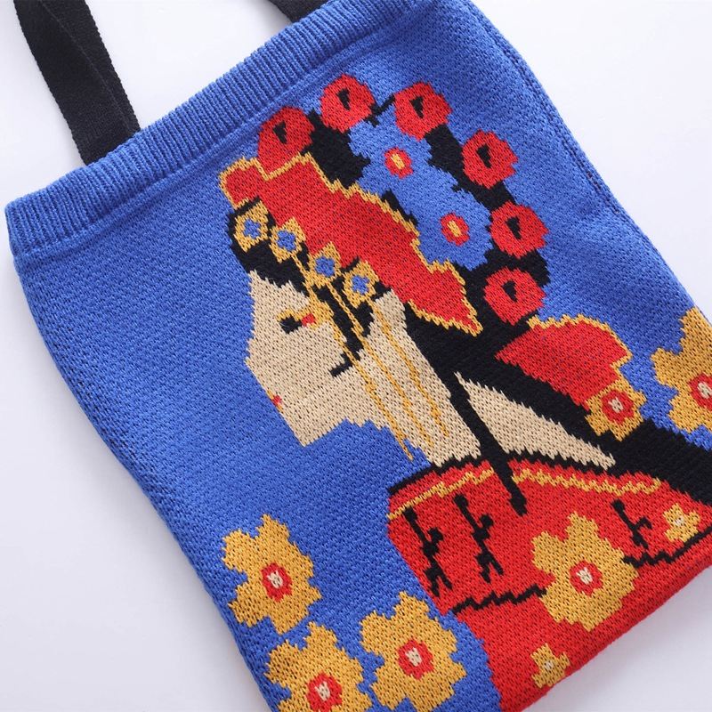 Peking Opera Facial Makeup Vintage Wool Knitted Bag Large Capacity Shopping Bag Shoulder Handbag