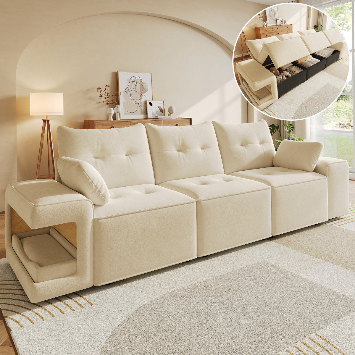 Modern Modular 3-seater Sofa With Wide Armrests, Cloud Sofa, Integrated Storage, Upholstered Pet Area, With Two Cushions - Ideal For Living Rooms And Apartments, Beige