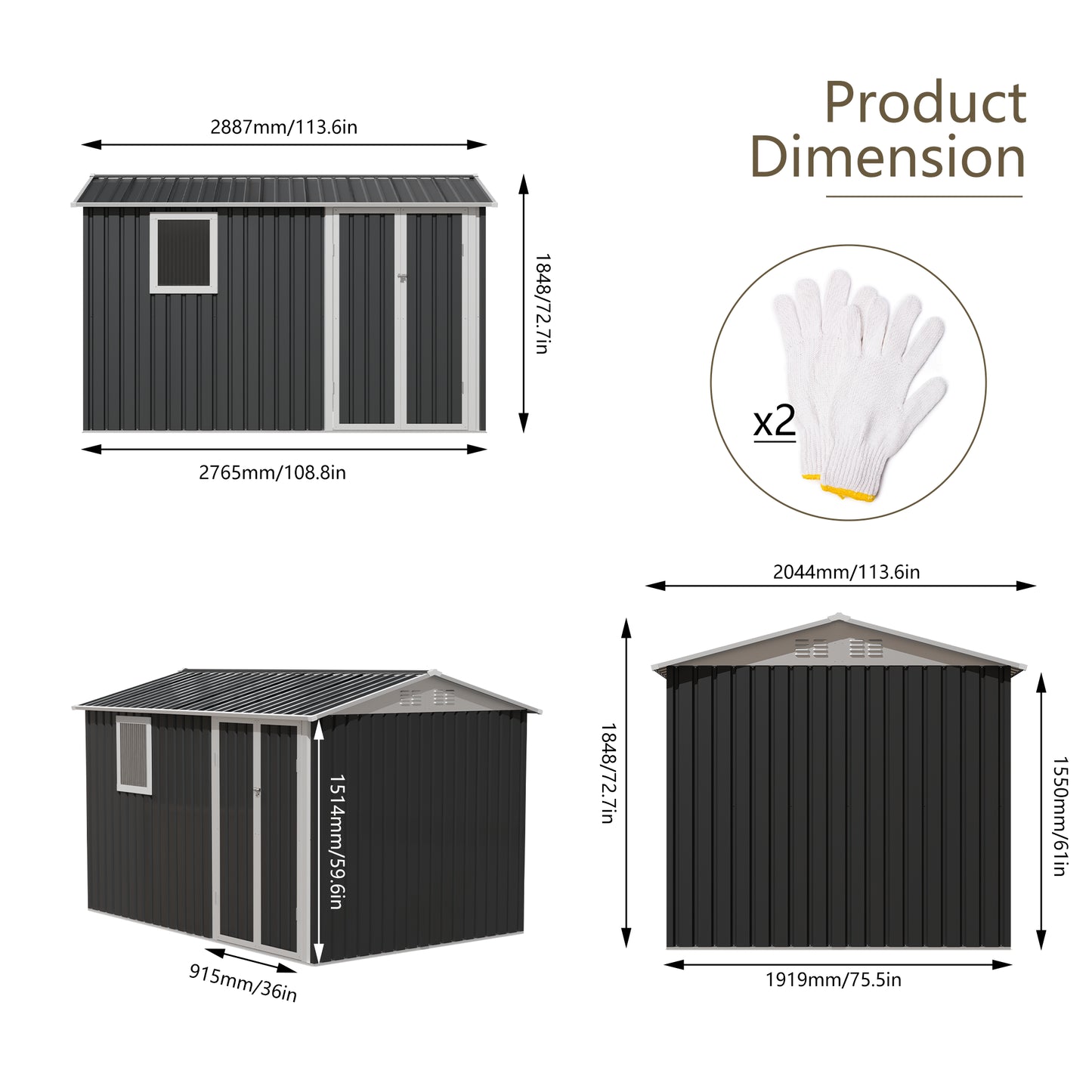 9x6 FT Metal Garden Shed For Patio  Tools House Storage Shed With One Window 9.5 X 6.7FT