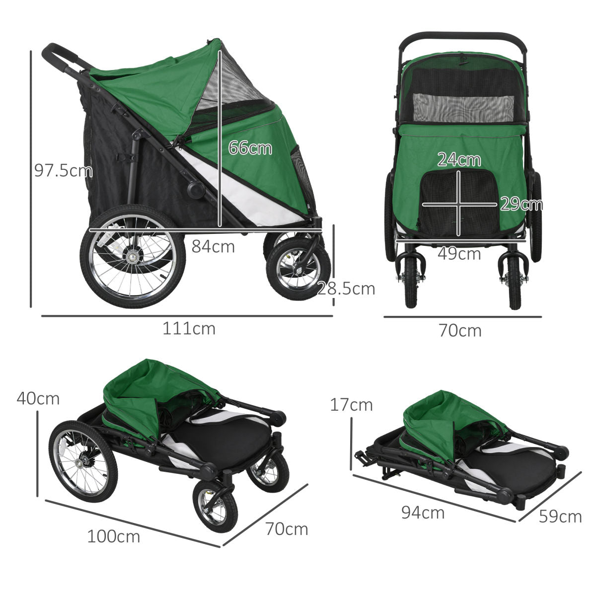 PawHut Foldable Pet Stroller, With Washable Cushion, Storage Bags, Safety Leash, For Medium, Large Dogs, Cats - Green