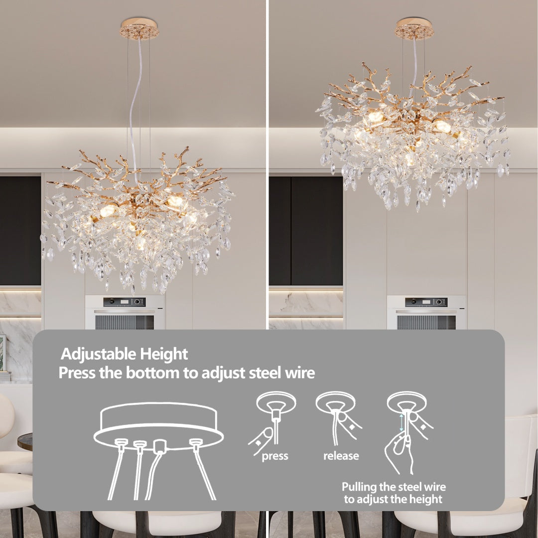 Modern Tree Branch Crystal Chandelier Luxury Gold Crystal Pendant Lighting 23.6in Contemporary 6-Light Chandeliers For Dining Room Kitchen Bedroom Living Room Bulb Is Not Including