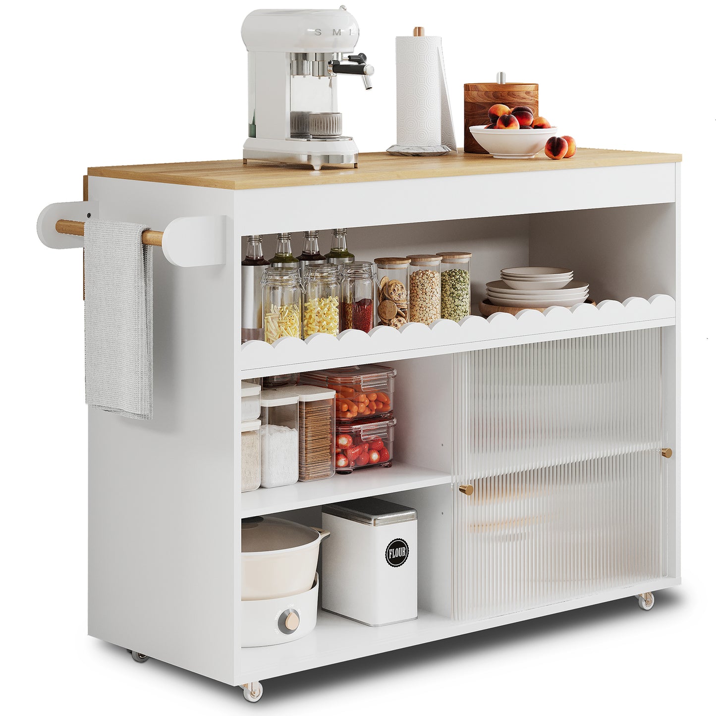 122 X 46  X 91cm, Folding Kitchen Island Cart, Oak Veneer Worktop, Tempered Glass Sliding Doors, Adjustable Shelves, Towel Rail, Large Kitchen Island Cart