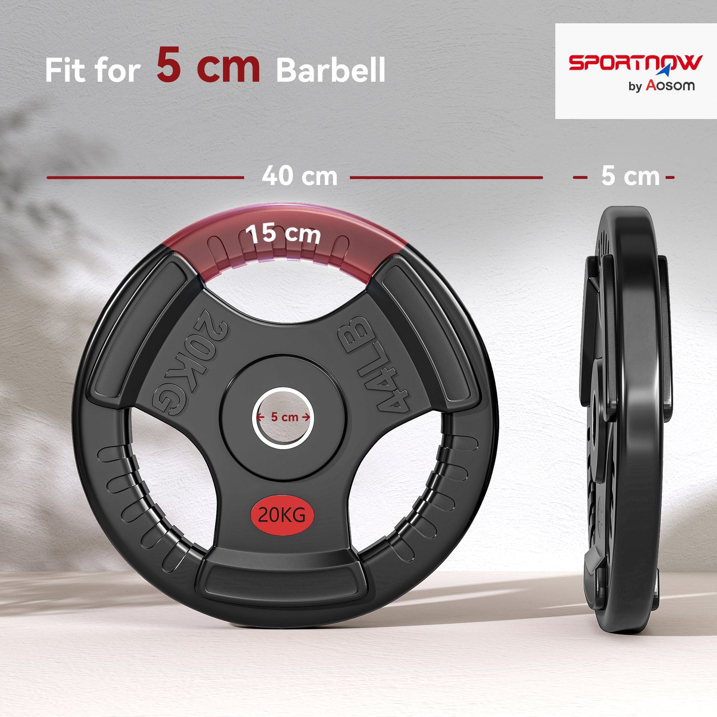 SPORTNOW Olympic Weight Plate, 2"/5cm Weight Disc With Tri-Grips, 20kg Dumbbell Plate For Weightlifting And Strength Training Home Gym Fitness Workout, Black