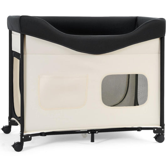 Elevated Lounge Pet Bed, Foldable Bunk Dog Bed With 600D Oxford Cloth And Dutch Velvet, Portable Raised Cot With Wheels, Side Storage Bags, And Carry Bag For Cats & Dogs, XL, Beige