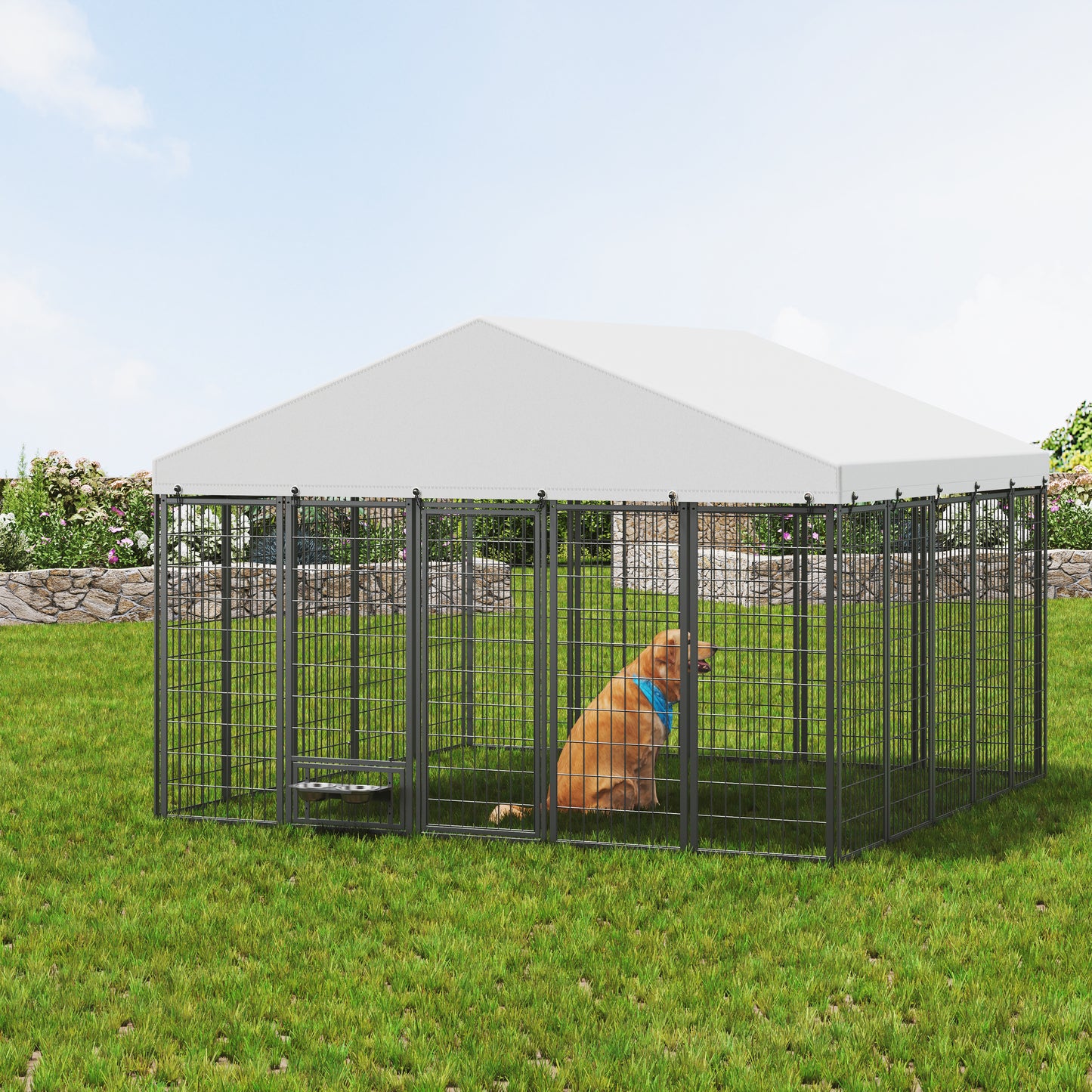 Large Dog Kennel Outdoor Pet Pens Dogs Run Enclosure Animal Hutch Metal Coop Fence With Roof Cover. 9.61'L X 9.45'W X 6.77'H.