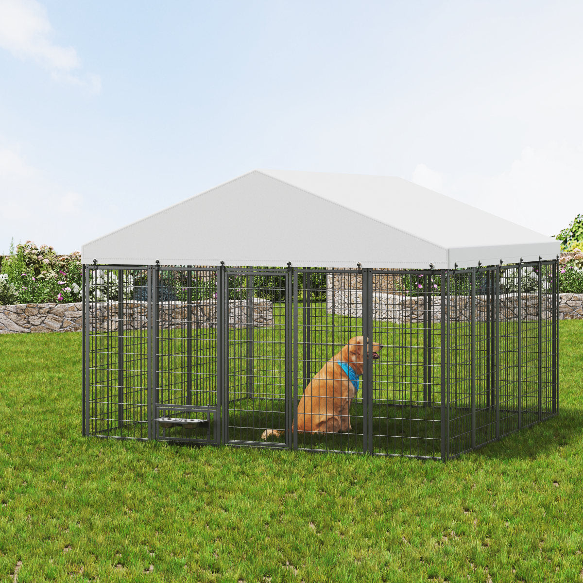 Large Dog Kennel Outdoor Pet Pens Dogs Run Enclosure Animal Hutch Metal Coop Fence With Roof Cover. 9.61'L X 9.45'W X 6.77'H.