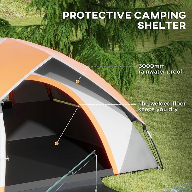 Two Man Single Room Dome Tent, With Accessories - Orange/Grey