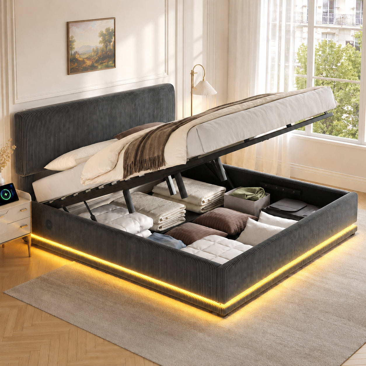 Modern Sponge Bed With LED Lighting And USB-C Charging Function, Height-adjustable Headboard, Cord Fabric, Stable Slat Bed, Large Underbed Storage And Comfortable Cushion Headboard. 180X200 Gray