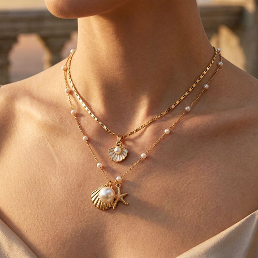 New US Style Starfish Shell Pendant Beaded Necklace, Vintage Versatile Ocean Vacation Neck Chain For Summer