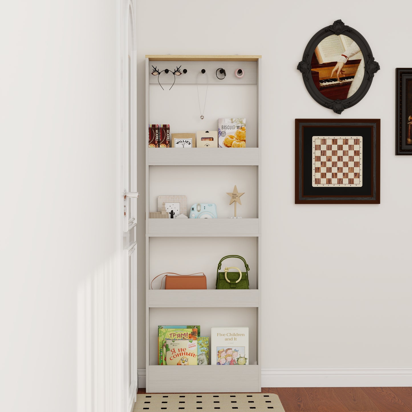 Behind The Door 69 Tall Bookcase With 4 Shelves And 5 Hooks,  Space-Saving Narrow Storage Cabinet For Living Room, Children's Room, Study Room, Kitchen, Corridor-Antique White