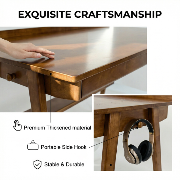 Solid Wood Writing Desk, Home Office Desk For Small Spaces, Mid Century Modern Desks With 2 Drawers & Storage Shelf, Standing Desk With Side Hooks For Study, Bedroom, Office  Walnut