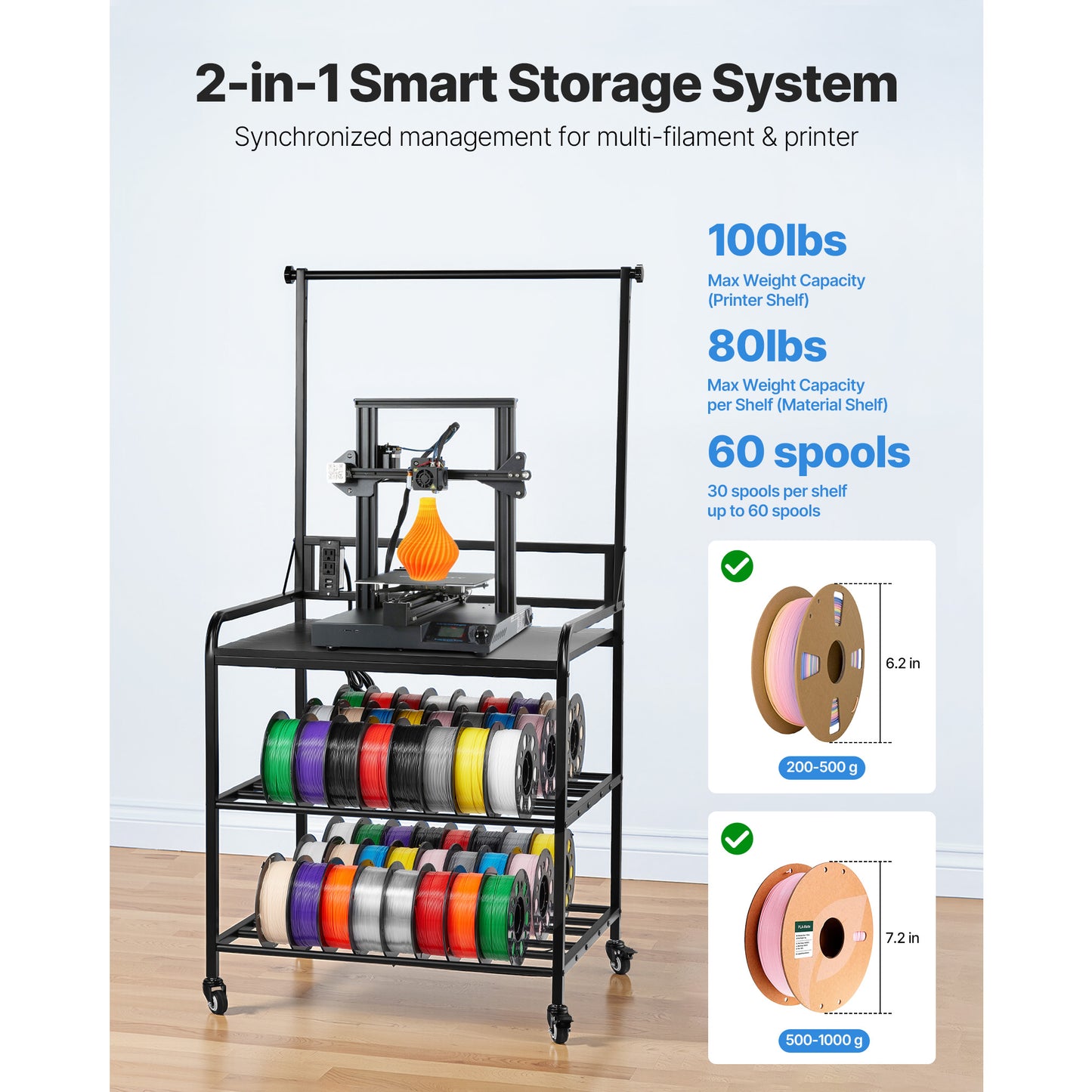 3D Printer Filament Storage Rack, 3-Tier 3D Printer Stand With Filament Storage, Spools Holder Racks Cart With Wheels, Filaments Organzied For 3D Printing Station, Office, Workshop Shelf Only