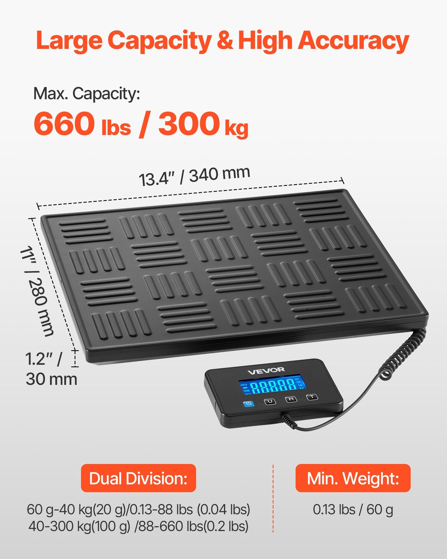 Digital Postal Scale, 0.7 Oz/3.5 Oz Dual Accuracy, 660 Lbs Commercial Weight Scale With Hold/Tare Function & LCD Display, Fit For Packages, Postage, Luggage, Battery & Charging Cable Included