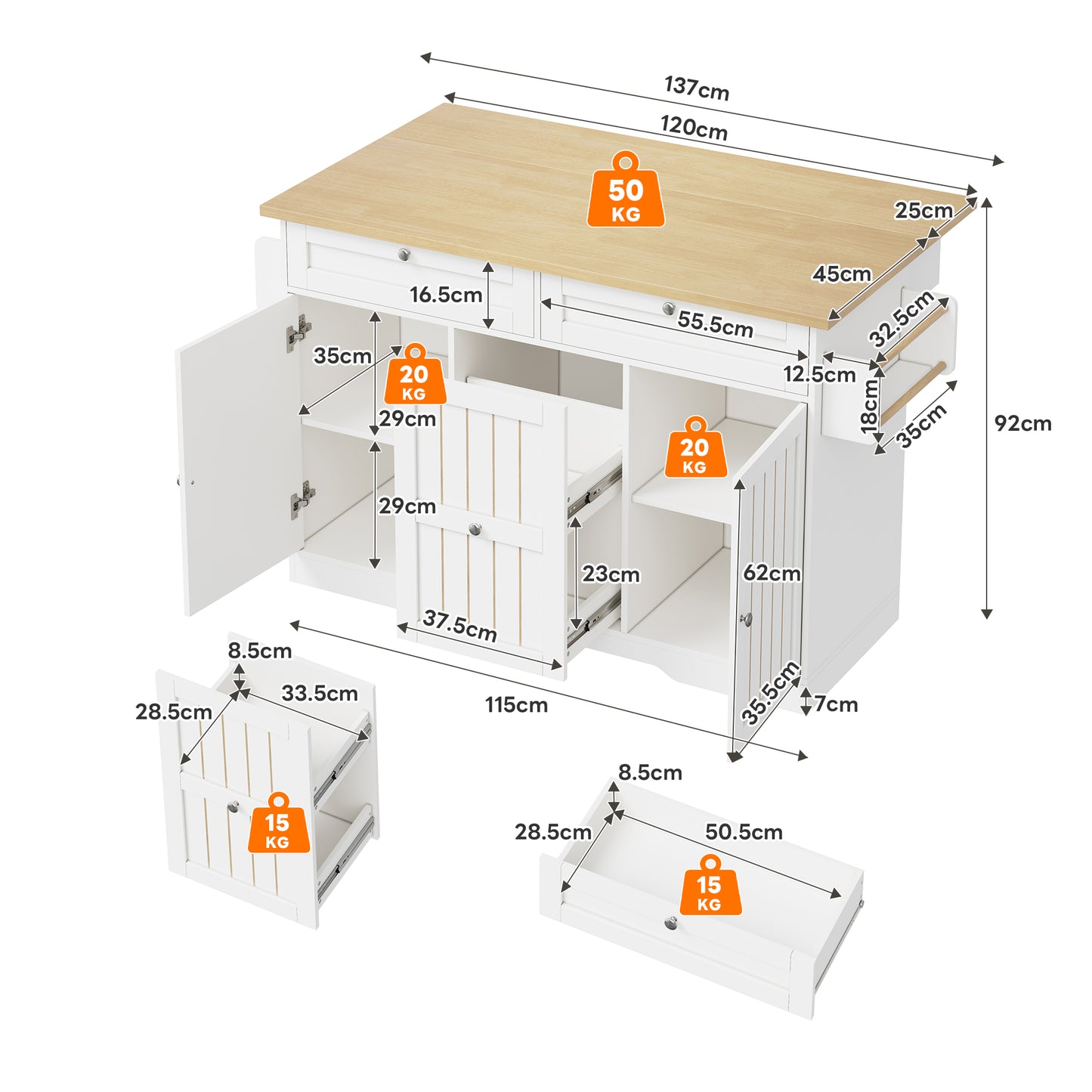 Mobile Kitchen Island With Folding Worktop, Serving Trolley And Storage Cabinet, With 2-tier Vertical Drawers, 2 Large Drawers And Lockable Casters, 120 X45x92 Cm.