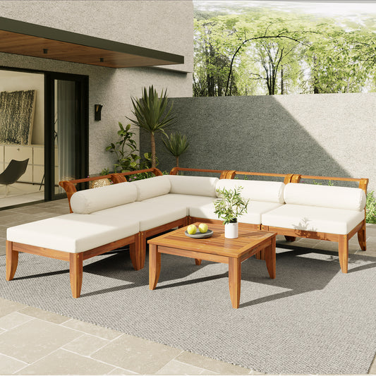 TOPMAX 6 Piece Patio Sofa Set, Acacia Wood Outdoor Modular Sectional Garden Furniture Set L-Shaped Conversation Set, Convertible Daybed With Tea Table, Ottoman, 5 Cushions And Pillows, Teak Beige