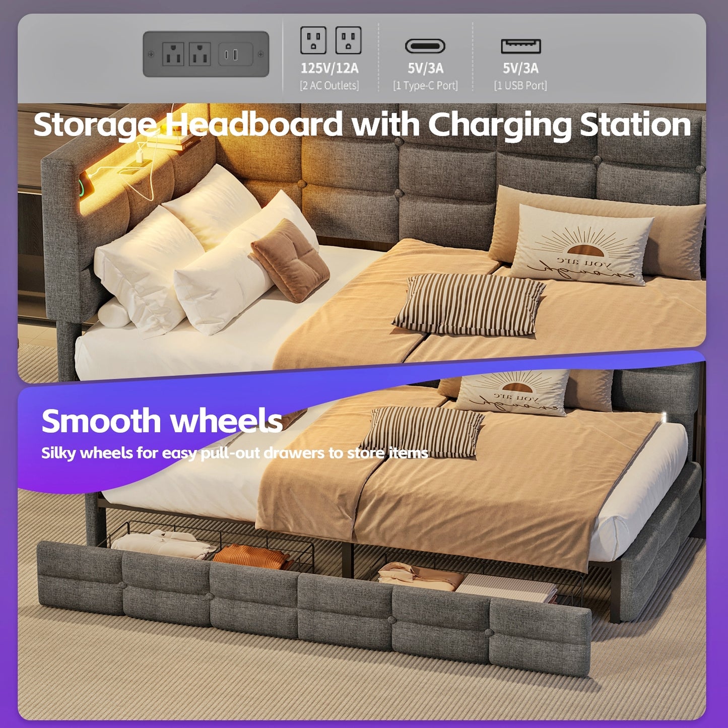 Upholstered Twin Size Daybed With Storage 2 Drawers And Charging Station, Day Bed Frame With LED Lights And Storage Headboard, No Box-Spring Needed, Gray