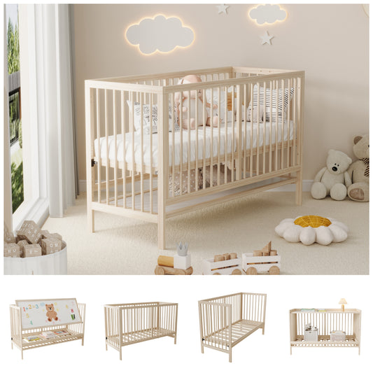 Wooden Baby Bed, Multifunctional Baby Bed, Convertible Into Side Bed  Painter's Board Stand   Desk, Height Adjustable, Without Mattress, Made Of Spruce, Natural Color, 140x60x90cm