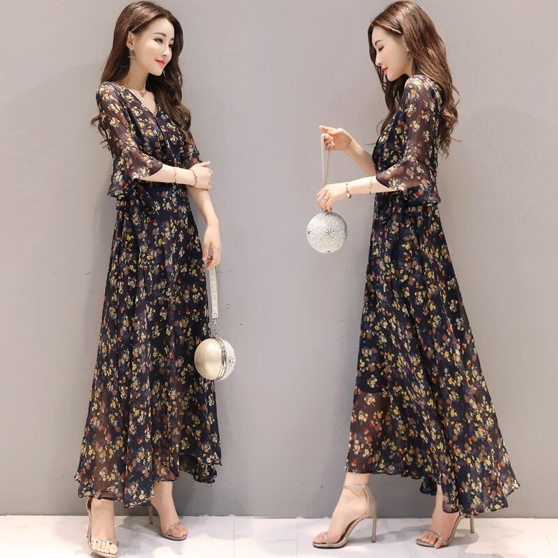 Summers New Slim-fit Floral-print Chiffon-look Dress