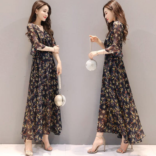 Summers New Slim-fit Floral-print Chiffon-look Dress
