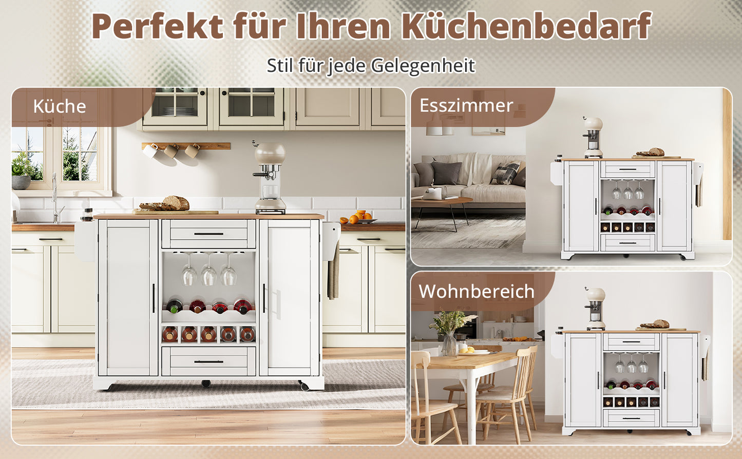 Kitchen Trolley With Folding Worktop, Kitchen Island On Wheels With Wine Rack, Glass Holder, Spice Rack & Towel Rack, 120x45 70x92cm, White   Multifunctional Serving Trolley With Storage