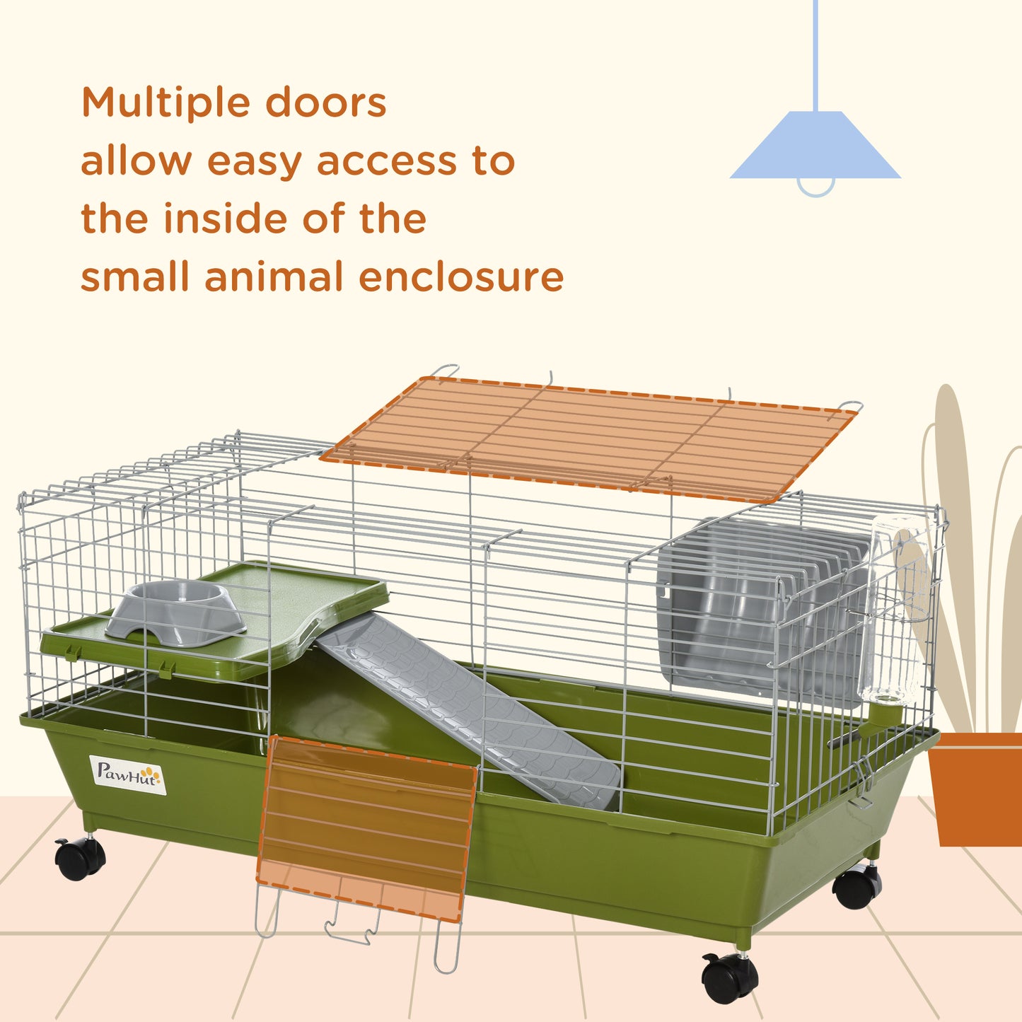 35"L Small Animal Cage, Rolling Bunny Cage, Guinea Pig Cage with Food Dish, Water Bottle, Hay Feeder, Platform, Ramp for Chinchilla, Green