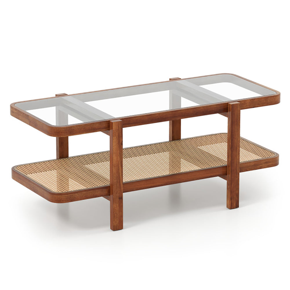 2-Tier Coffee Table With Storage And Tempered Glass Tabletop PE Rattan Anti-fading, Tear-proof For Office, Waiting Room, Or Reception Room