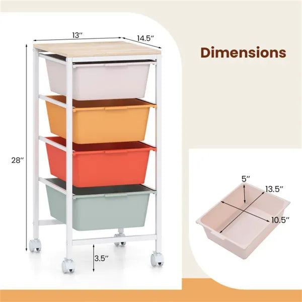 4-Drawer Rolling Storage Cart, Mobile Utility Organizer With MDF Wooden Top (Macaron)