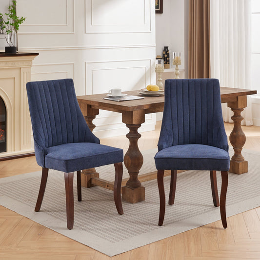 Rayon Cloth Flocking Linen Dining Chairs Channel Kitchen Dinner Chair Comfy Fabric Upholstered Accent Chair For Dining Room With Curved Solid Wood Legs,Set Of 2  Blue , DE1847BL