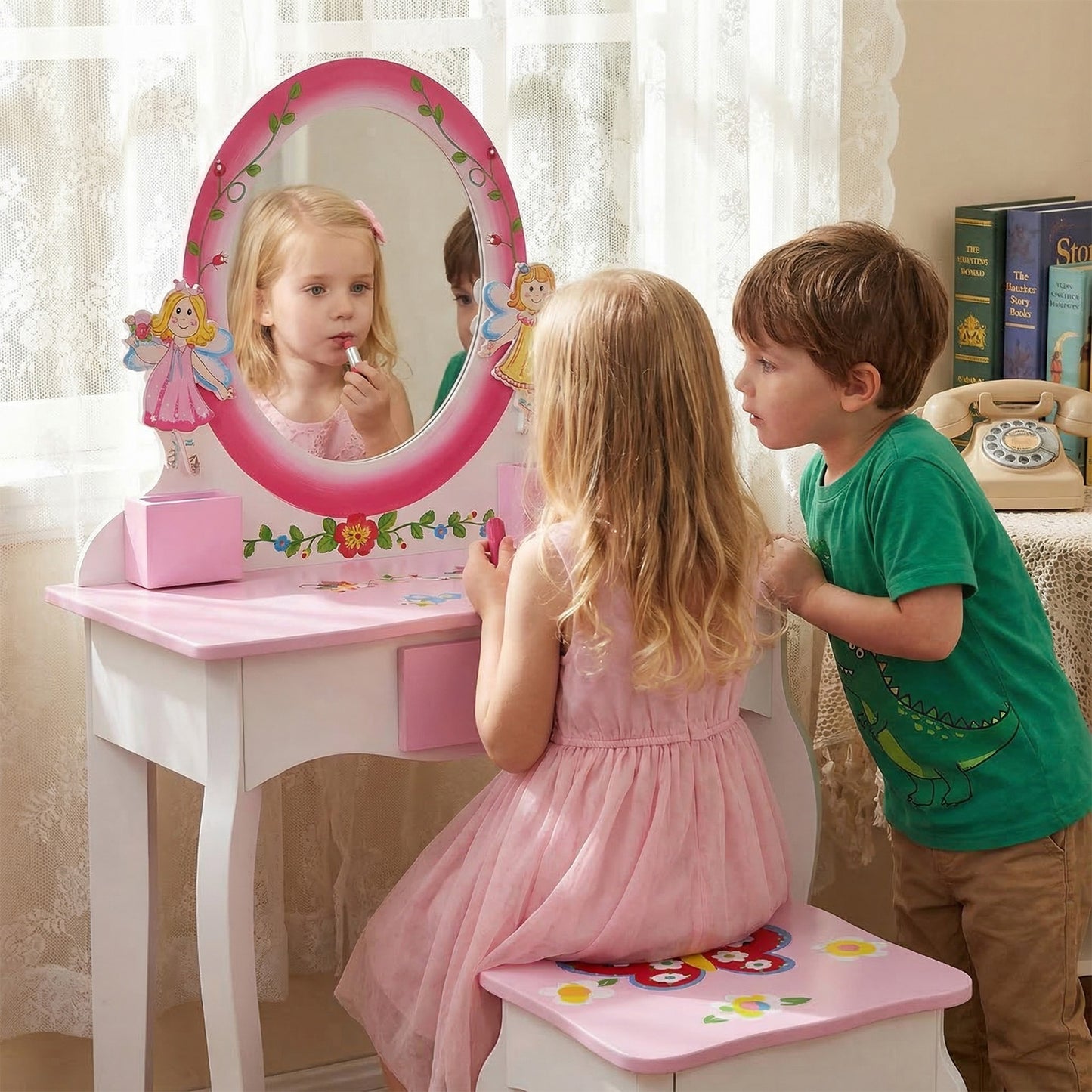 Kids Vanity Set Floral Printed Wooden Makeup Dressing Princess Table With Mirror And Stool For Role Playing Pink