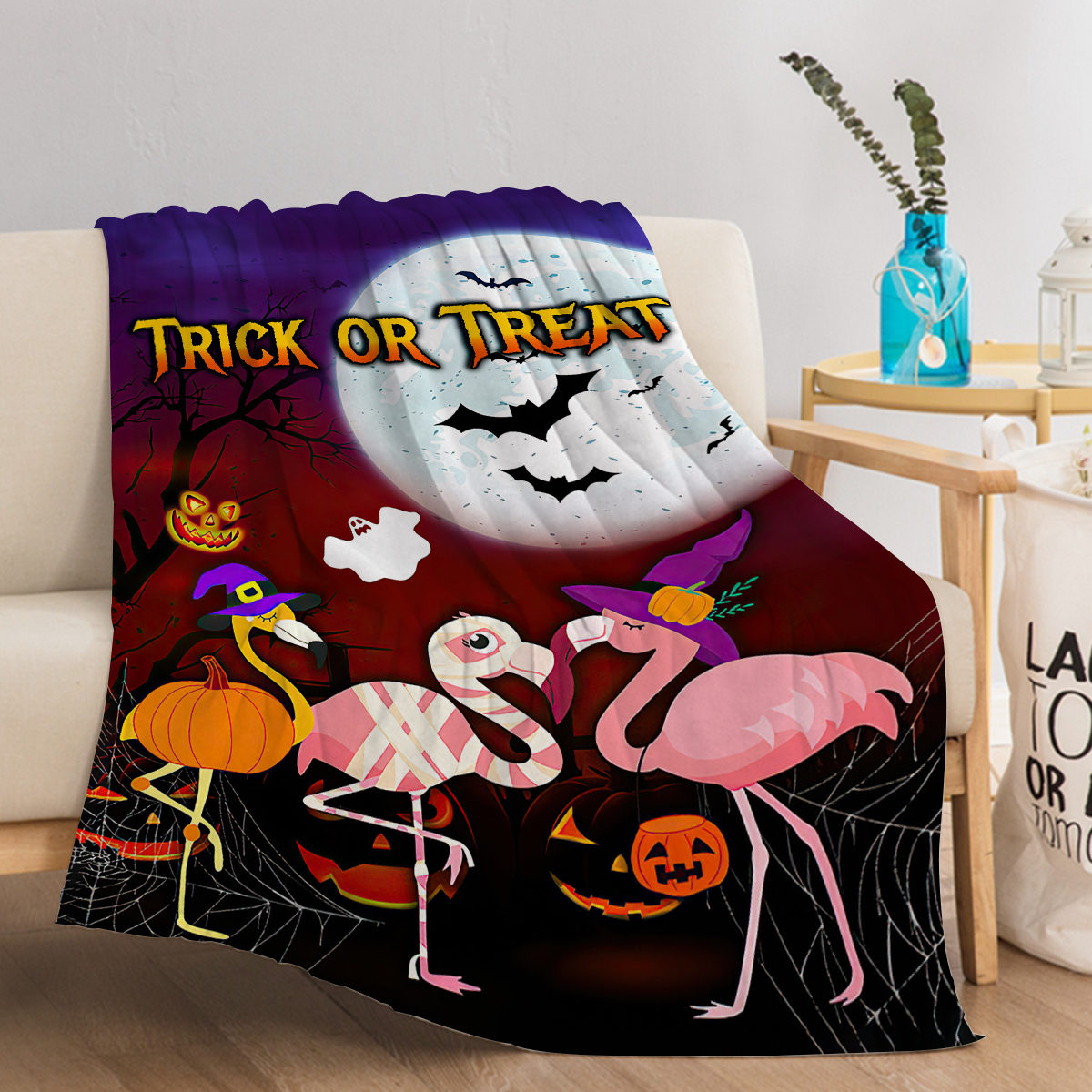 1Pc  Of Flannel Halloween Flamingo Cute Pet Theme Soft And Fluffy Multifunctional Outdoor Beach Camping Living Room Sofa Office Nap Printed Blanket
