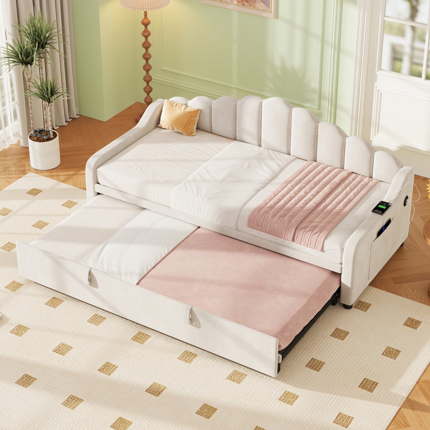 3ft Single Daybed With Pull-out Trundle, Velvet Upholstered Sofa Bed With Side Charging Station & Storage Pockets, Chic Fluted Scalloped Backrest, Beige No Mattress