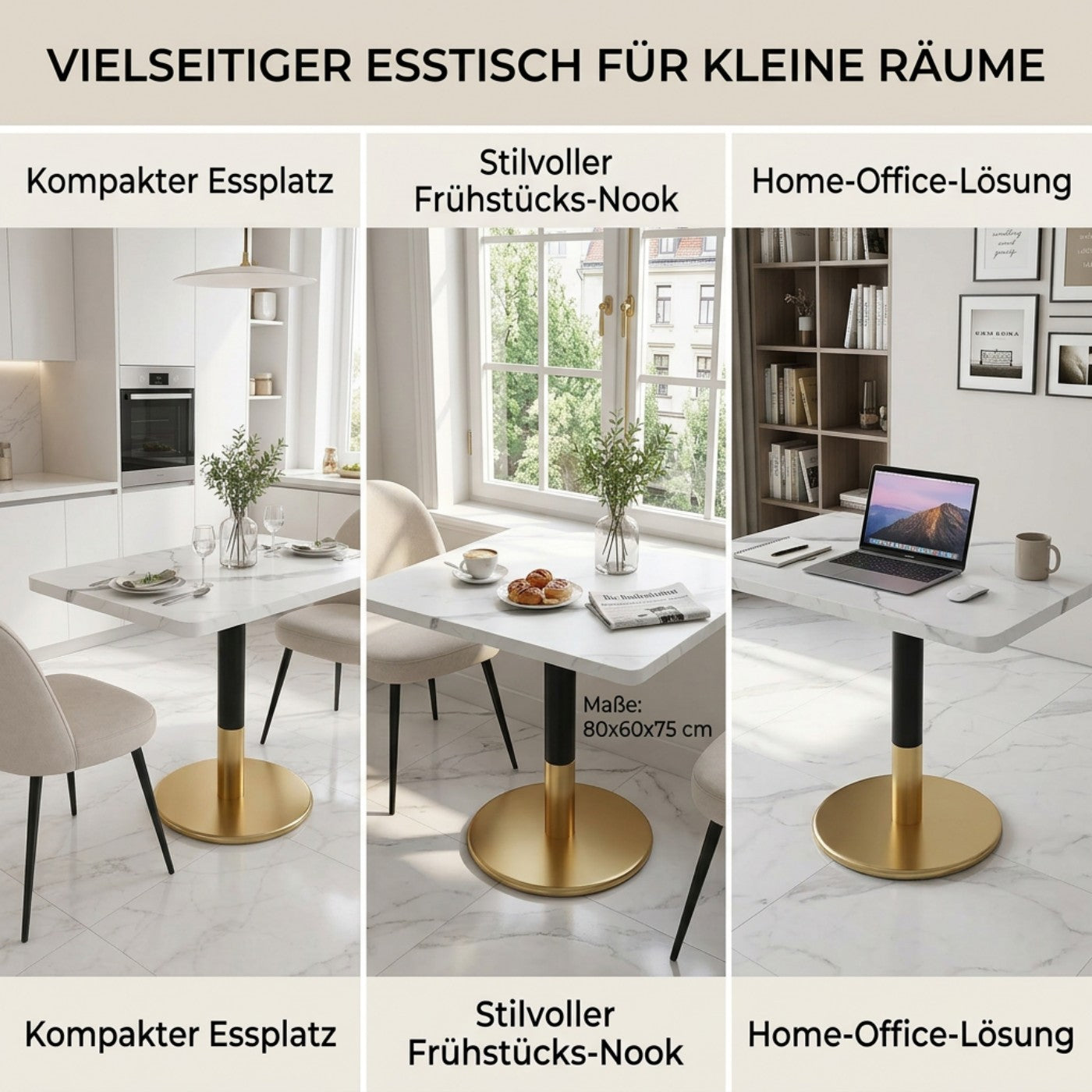 Modern Rectangle Dining Table For 2 Small Kitchen Table With White Marble Pattern Wood Desktop And Black Metal Pillar Negotiation Table With Gold Base For Dining Room Kichen Office Meeting Room 80x60c