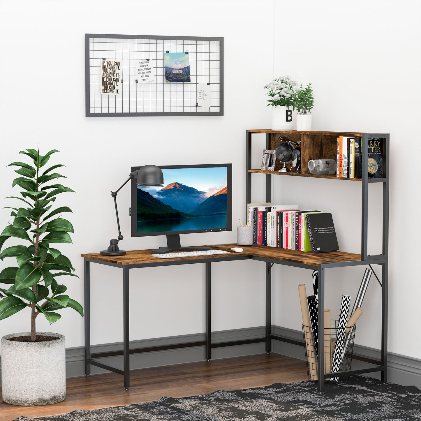 L Shaped Desk With Book Shelf, Industrial Corner Computer Desk, Writing Table With Steel Frame For Home Office, Bedroom, Study Room, 140 X 125cm, Brown