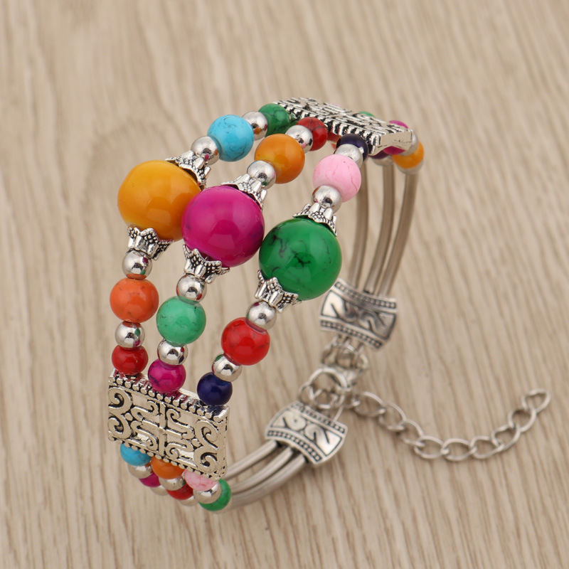 Tibetan Accessories Colorful Beads Wide Bangle Turquoise Bracelet