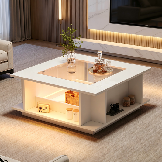 Coffee Table 70x70x30 Cm, Square Coffee Table In White With Glass Top, High-gloss Surface & LED Lighting, Side Table, Coffee Table, Living Room Table Made Of Chipboard, Loadable Up To 30 Kg