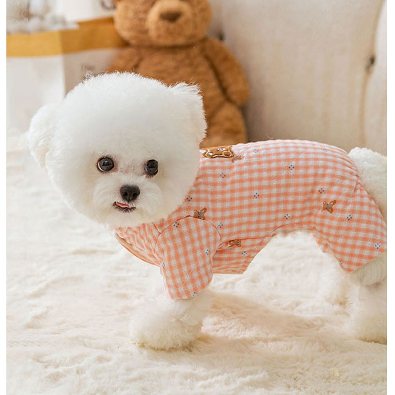 Cute Korean Cartoon Checkerboard Pattern Bear Full-printed Four-legged Cotton Coat For Dogs In Autumn And Winter, Teddy Pet Clothes For Cats