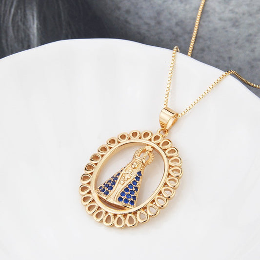 Premium 18K Gold Plated Necklace, Double Sided Madonna Crown Cross Zircon Pendant