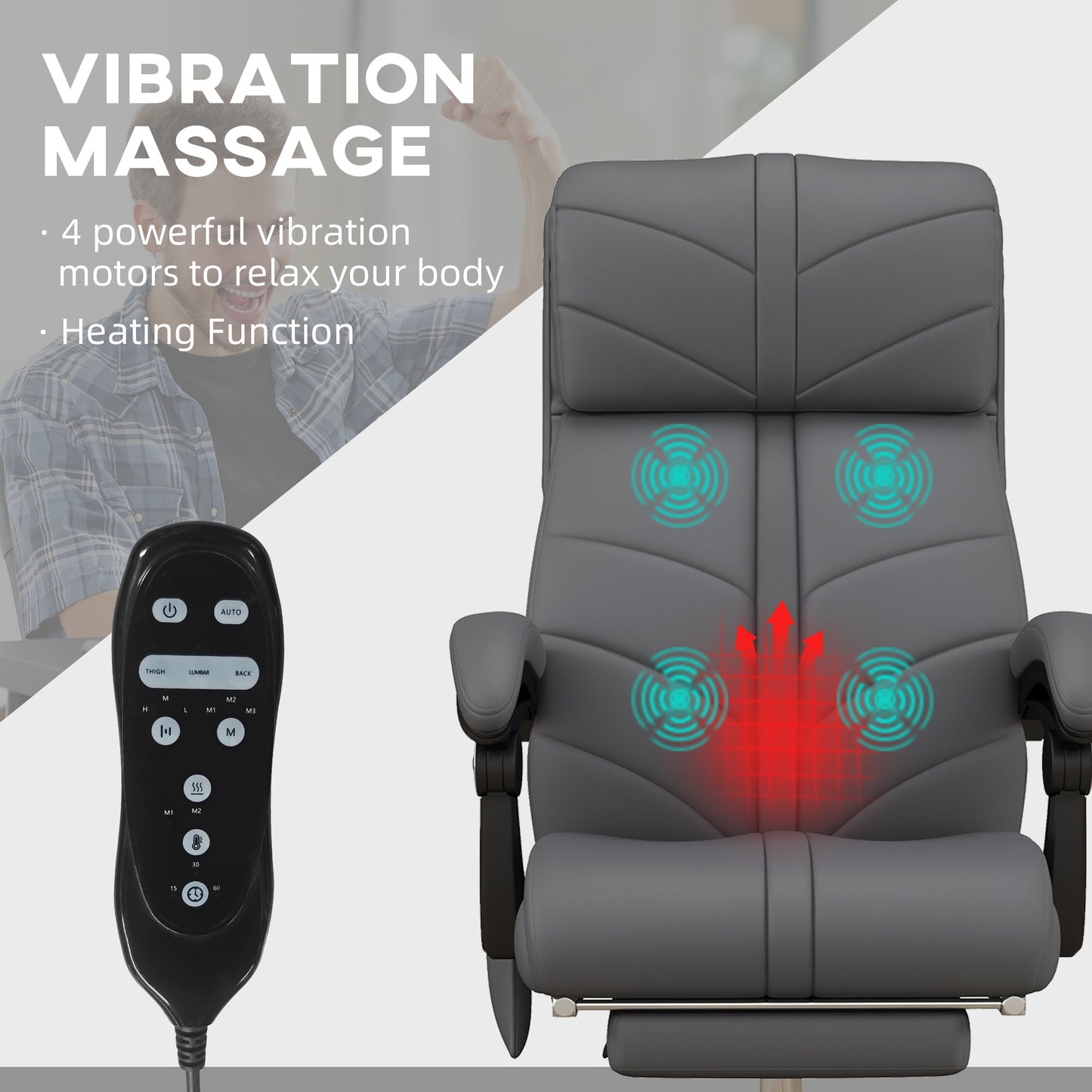 Vinsetto High Back Vibration Massage Office Chair, Heated Reclining PU Leather Computer Chair With Footrest, Grey